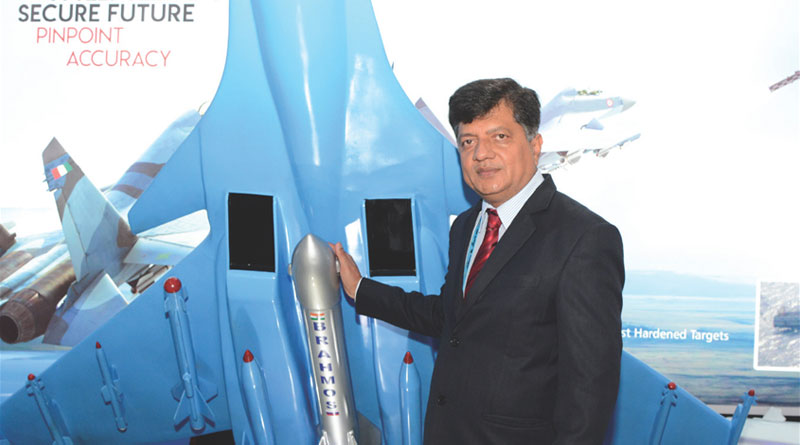 CEO & MD BrahMos Aerospace, Dr Sudhir Mishra at the BrahMos stand where the supersonic cruise missile in various configurations is on display