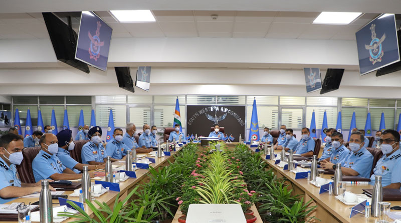 Chief of the Air Staff (CAS), Air Chief Marshal RKS Bhadauria, visited Gandhinagar on the occasion of Commanders’ Conference at South Western Air Command (SWAC) on 17 & 18 August. The conference brought together Commanders from Air Force Stations in SWAC Area of Responsibility (AOR) for an operational review of missions and tasks. On arrival, CAS was received by Air Marshal Sandeep Singh, Air Officer Commanding-in-Chief South Western Air Command. CAS placed a wreath at the Command War Memorial and was presented with a ceremonial Guard of Honour. Addressing the Commanders, CAS highlighted the need for maintaining operational readiness round the clock and sustained focus on capability enhancement. He emphasized on the early operationalisation of newly inducted sensors and weapon systems. CAS exhorted the Commanders to leverage modern methods in training; in order to enhance the understanding and capabilities of the new generation air warriors. While interacting with air warriors and civilian employees, he appreciated their contribution in operational deployments and disciplined approach towards mitigating the COVID crisis.