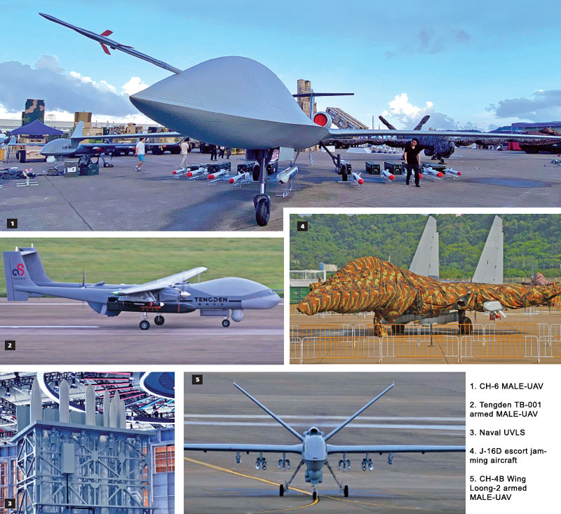 1. CH-6 MALE-UAV 2. Tengden TB-001 armed MALE-UAV 3. Naval UVLS 4. J-16D escort jamming aircraft 5. CH-4B Wing Loong-2 armed MALE-UAV