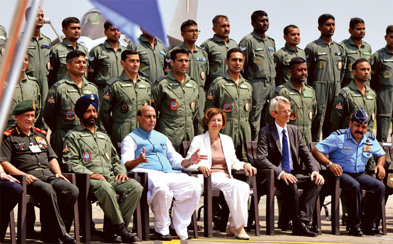 Defence minister Rajnath Singh with his then French counterpart Florence Parly during the Rafale induction ceremony at Ambala in September 2020