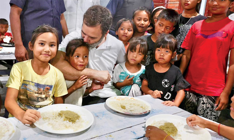 Congress leader Rahul Gandhi with refugees at Moirang and Churachandpur relief camps in Manipur