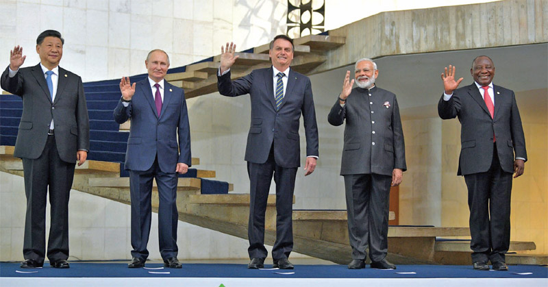 Chinese President Xi Jinping, Russian President Vladimir Putin, Brazilian President Jair Bolsonaro, Indian Prime Minister Narendra Modi, and South African President Cyril Ramaphosa