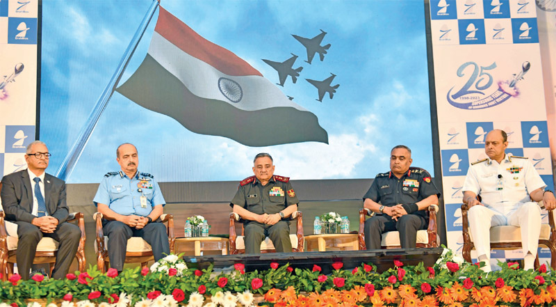 CMD BrahMos Aerospace Atul Dinkar Rane with Chief of Defence Staff General Anil Chauhan (centre),Chief of Air Staff Air Chief Marshal V.R. Chaudhari, Chief of Army Staff General Manoj Pande and Vice Chief of Naval Staff Vice Adm. Sanjay Jasjit Singh during the 25th anniversary celebrations of Brahmos