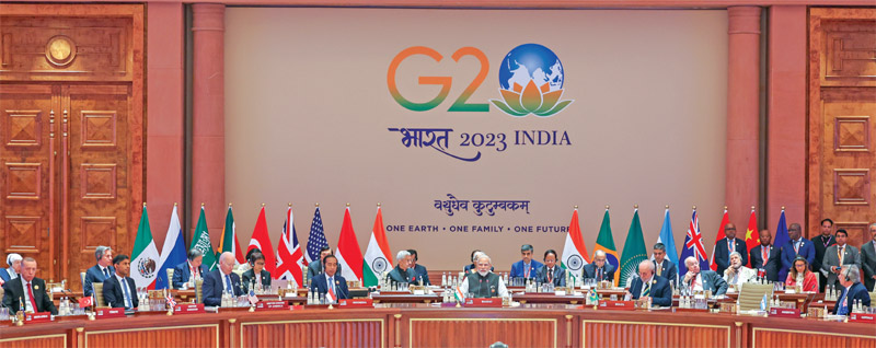 India’s Prime Minister Narendra Modi speaks during the first session of the G20 Leaders’ Summit at the Bharat Mandapam in New Delhi on 9 September 2023