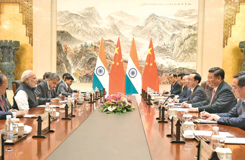 Indian delegation lead by Prime Minister Narendra Modi with Chinese President Xi Jinping during the Wuhan Summit
