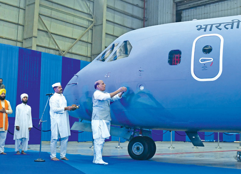 Defence minister Rajnath Singh receiving C-295 at Hindon