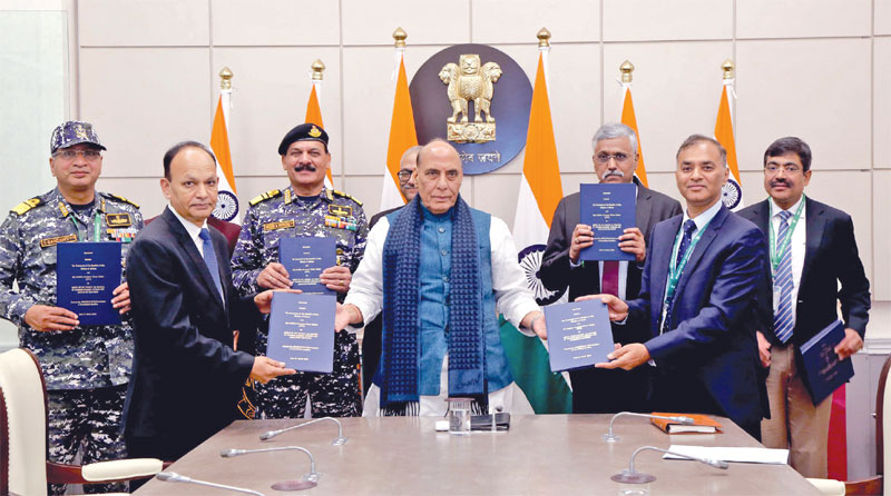 Union minister for defence Rajnath Singh during the signing of contracts worth Rs 39,125.39 crore in New Delhi