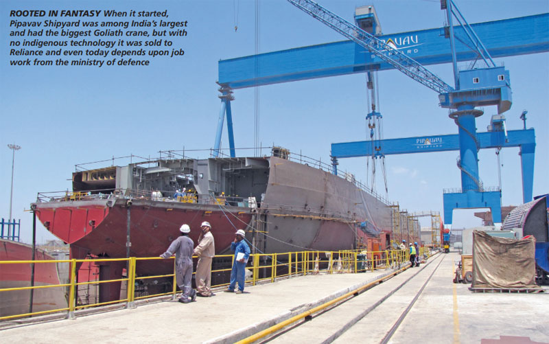 When it started, Pipavav Shipyard was among India’s largest and had the biggest Goliath crane, but with no indigenous technology it was sold toReliance and even today depends upon job work from the ministry of defence